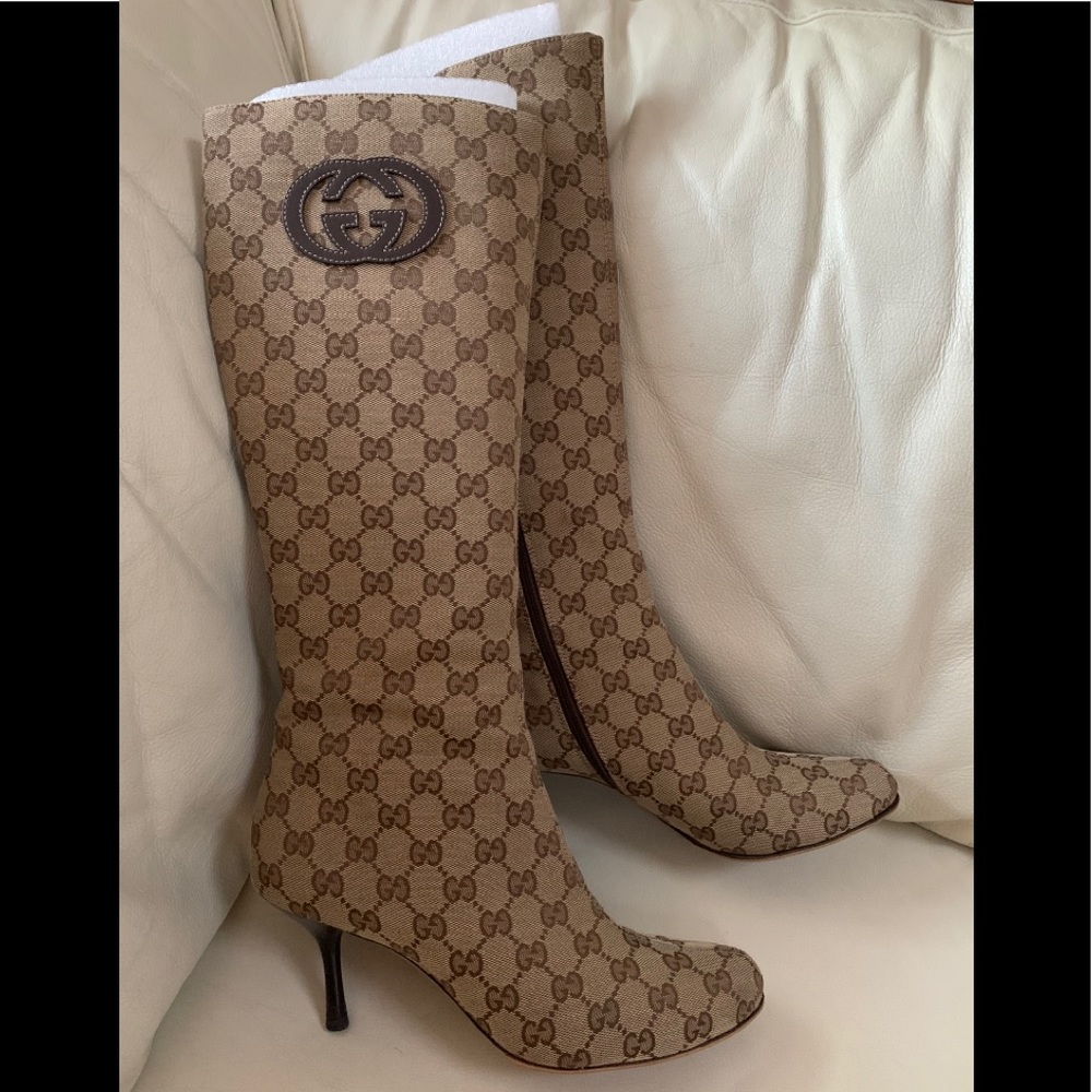 Auth Gucci Beige GG Canvas Monogram Tall Boots